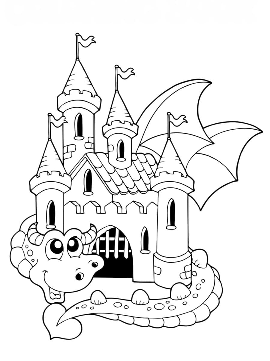 coloriage château et dragon