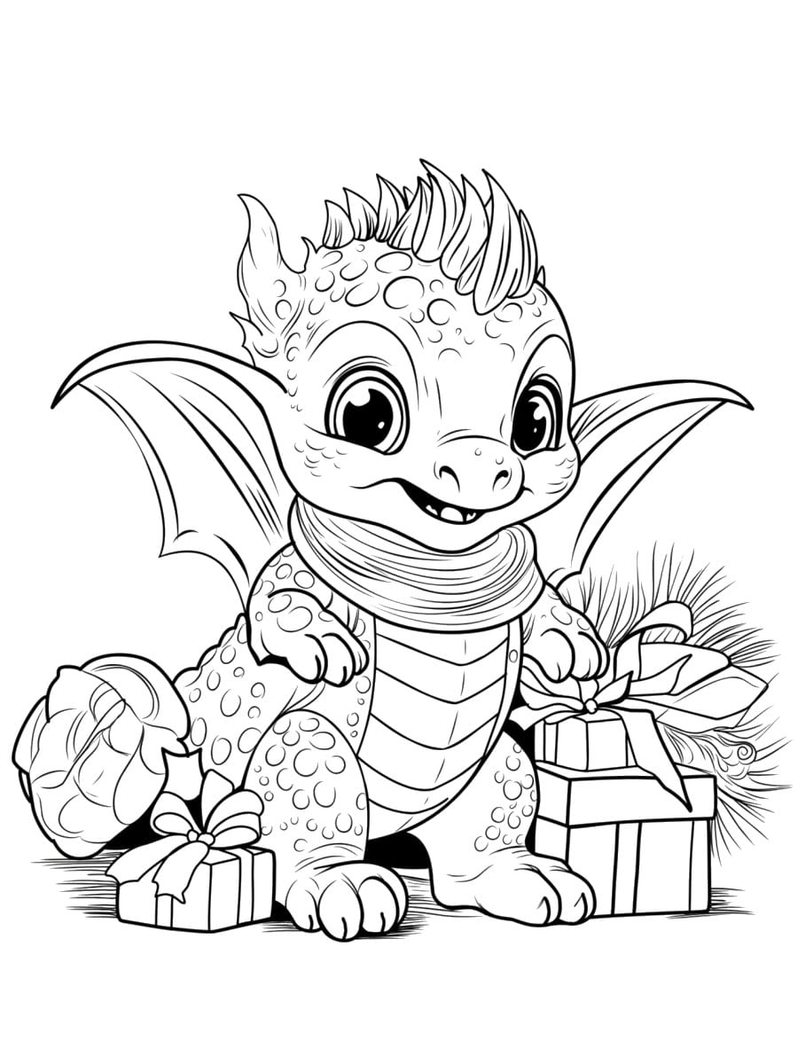 coloriage dragon et cadeaux
