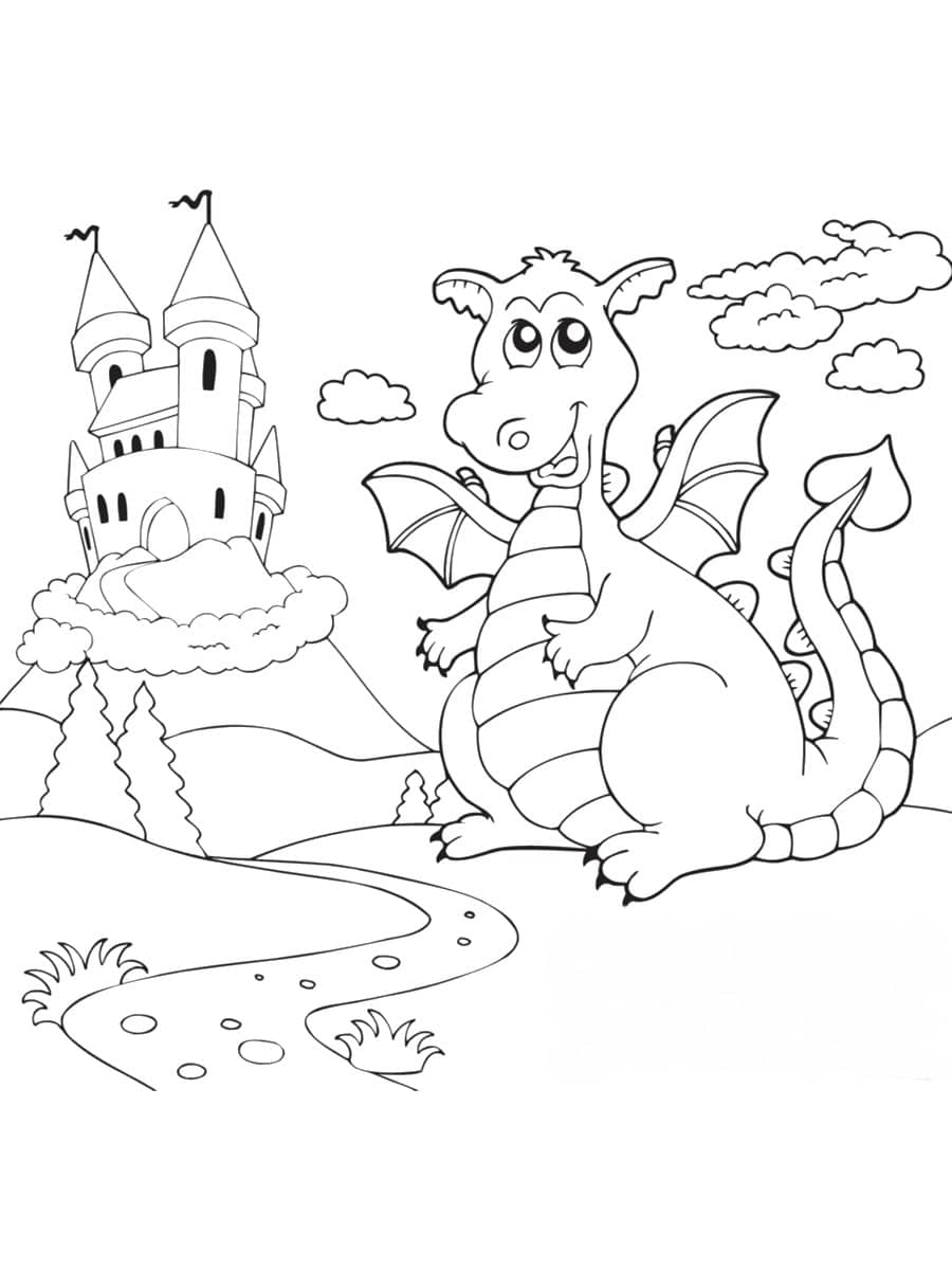 coloriage dragon et château