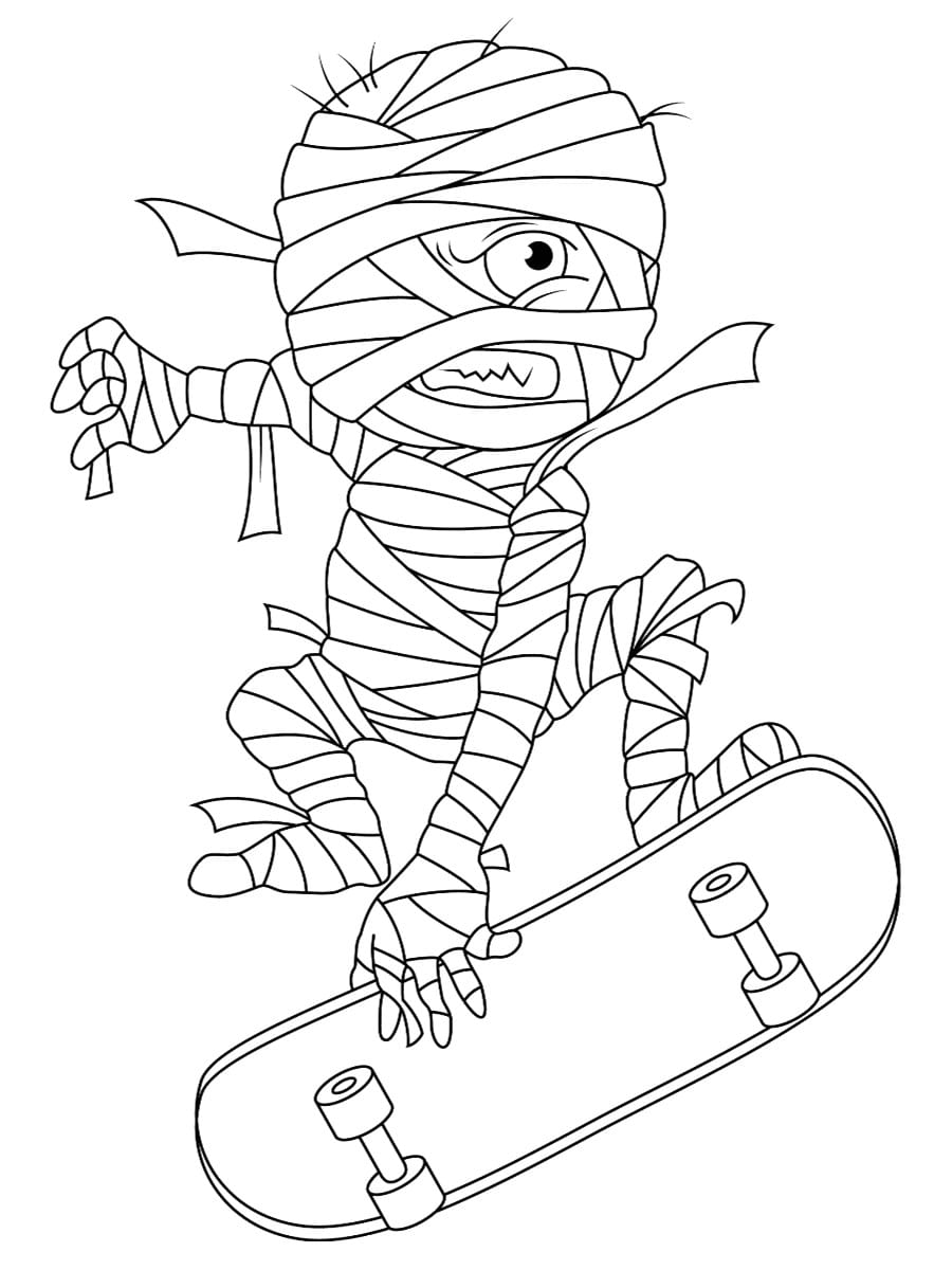 coloriage momie skateboard