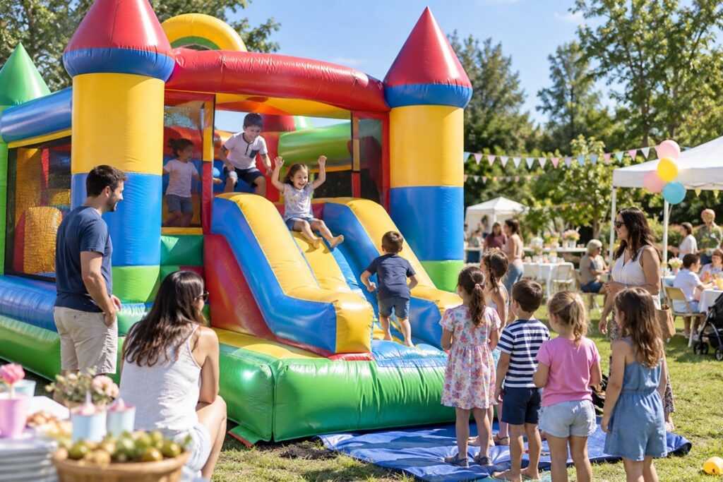 fête pour enfants avec une grande structure gonflable