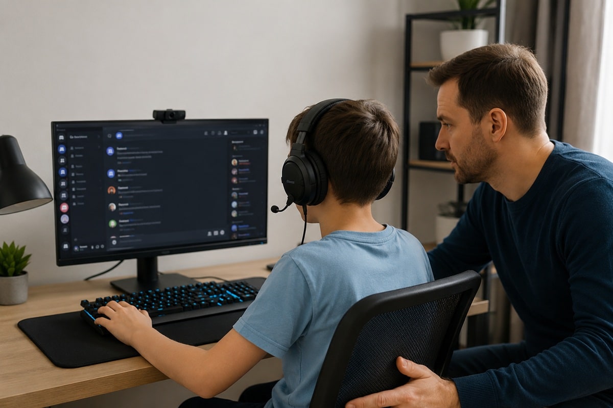 père et fils devant un discord de jeux vidéo