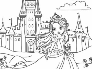 coloriage princesse devant un ch&acirc;teau