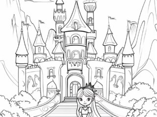 coloriage princesse devant un ch&acirc;teau