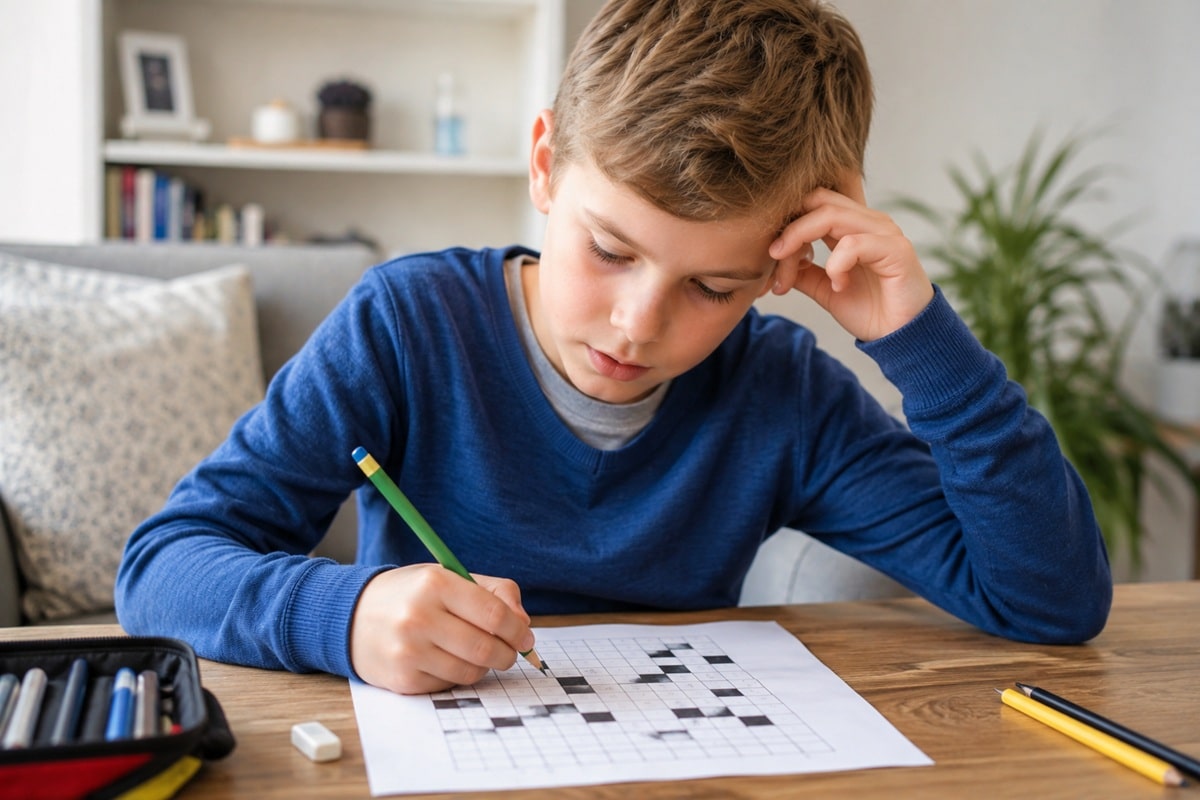 garçon qui fait des mots croisés