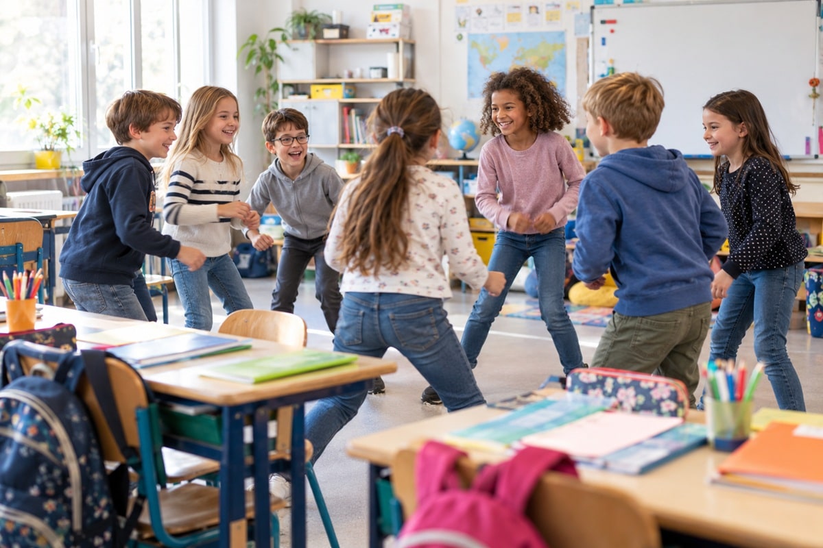 Des enfants jouent ensemble dans une classe joyeuse et colorée