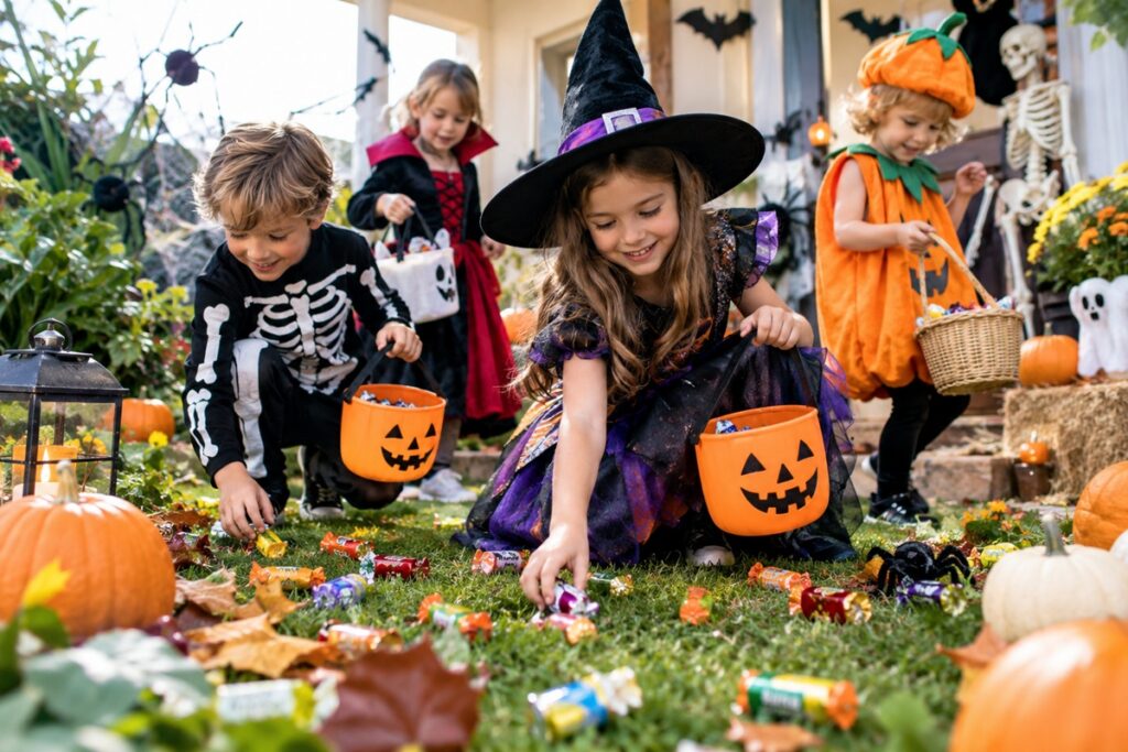 des enfants ramassent des bonbons d'Halloween dans le jardin