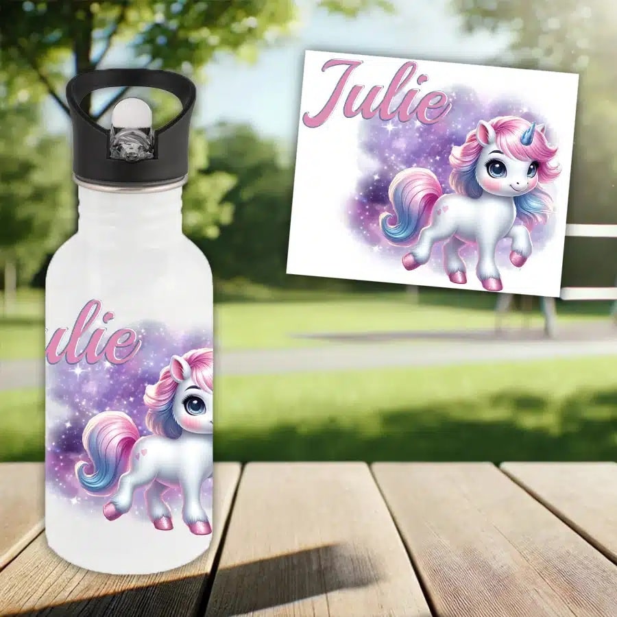 gourde enfant personnalisée avec une licorne et le prénom