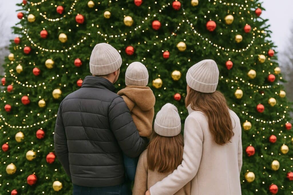 famille devant un grand sapin de Noël en extérieur