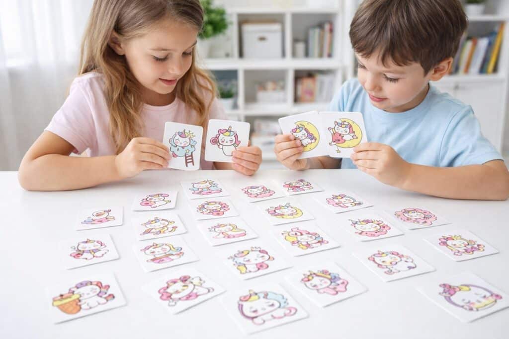 enfants jouant au memory licorne imprimé