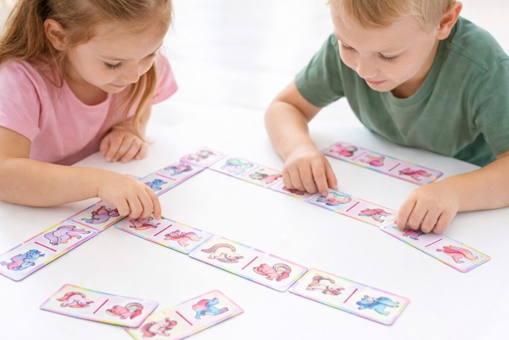 enfants jouant avec des dominos licorne