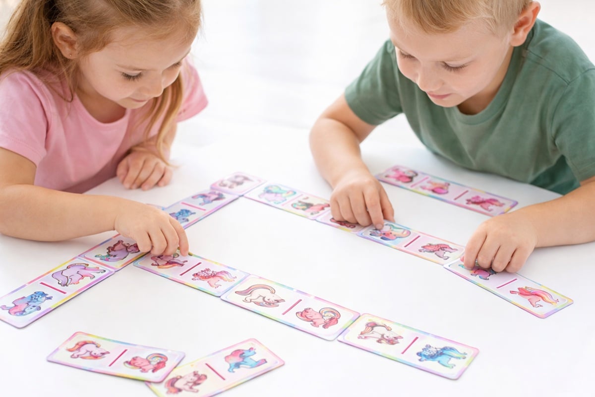 enfants jouant avec des dominos licorne