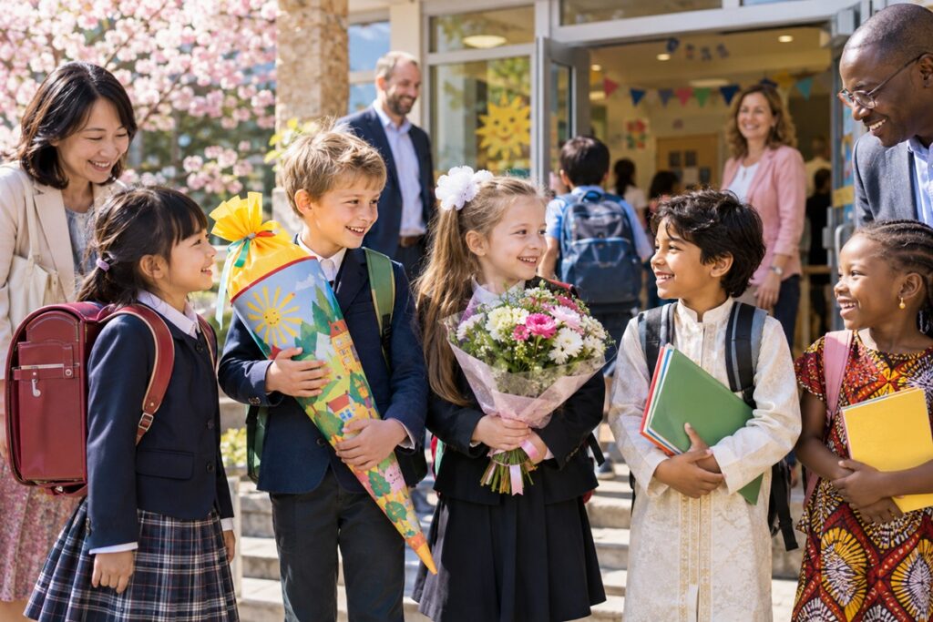 Rentrée joyeuse devant l’école