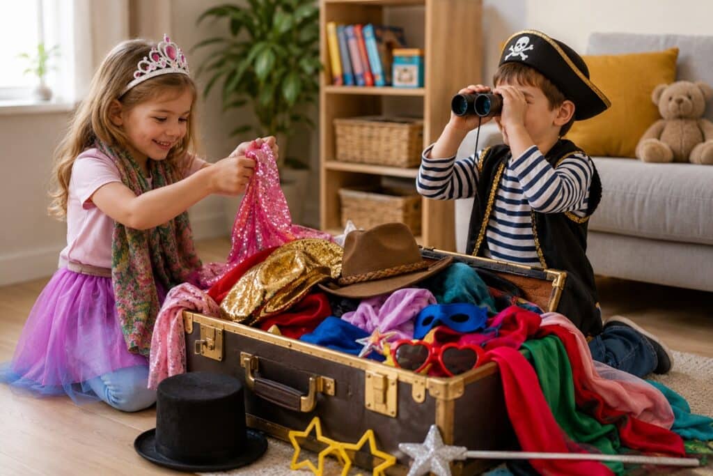 enfants autour d'une malle aux déguisements