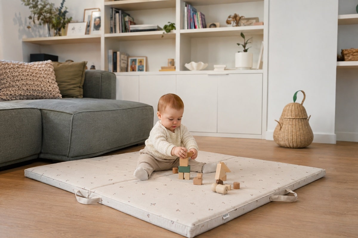 jeune enfant jouant avec des cubes en bois sur un tapis de jeu