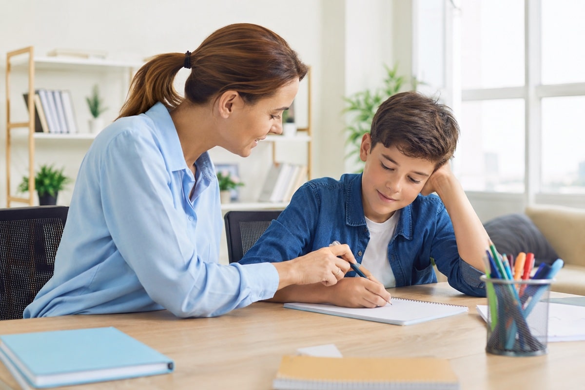 maman qui aide son enfant qui a des difficultés avec ses devoirs