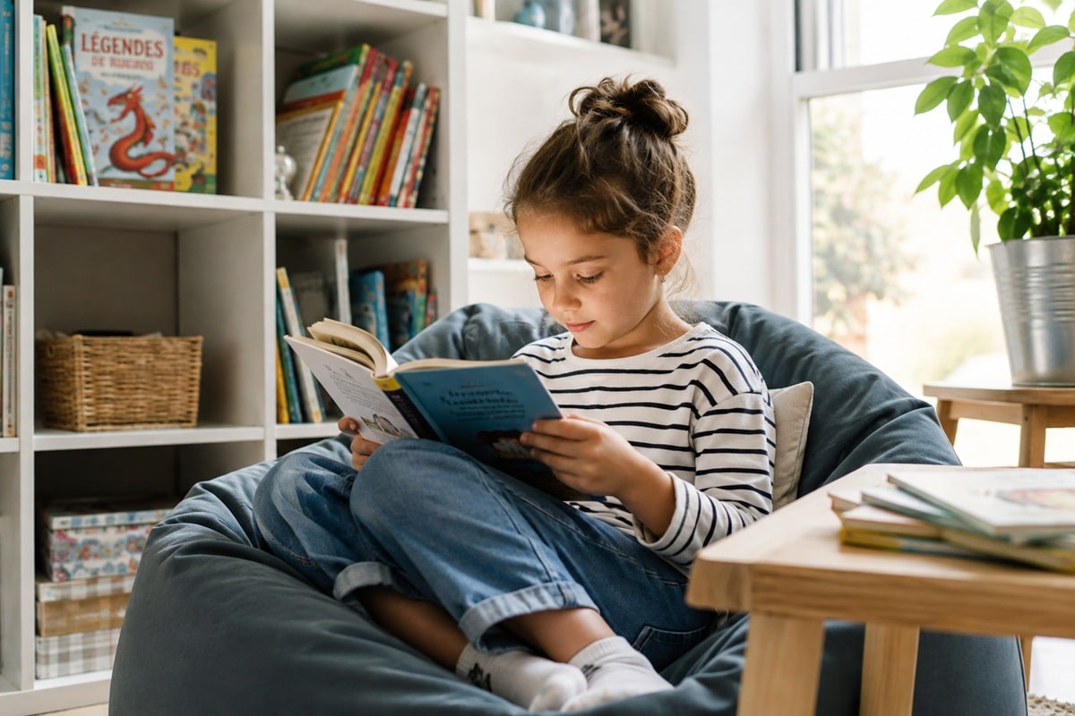 enfant installé dans un fauteuil et lisant un livre dans un coin lecture aménagé