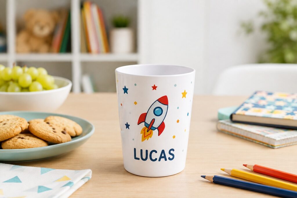 gobelet enfant personnalisé avec le prénom Lucas et un dessin de fusée