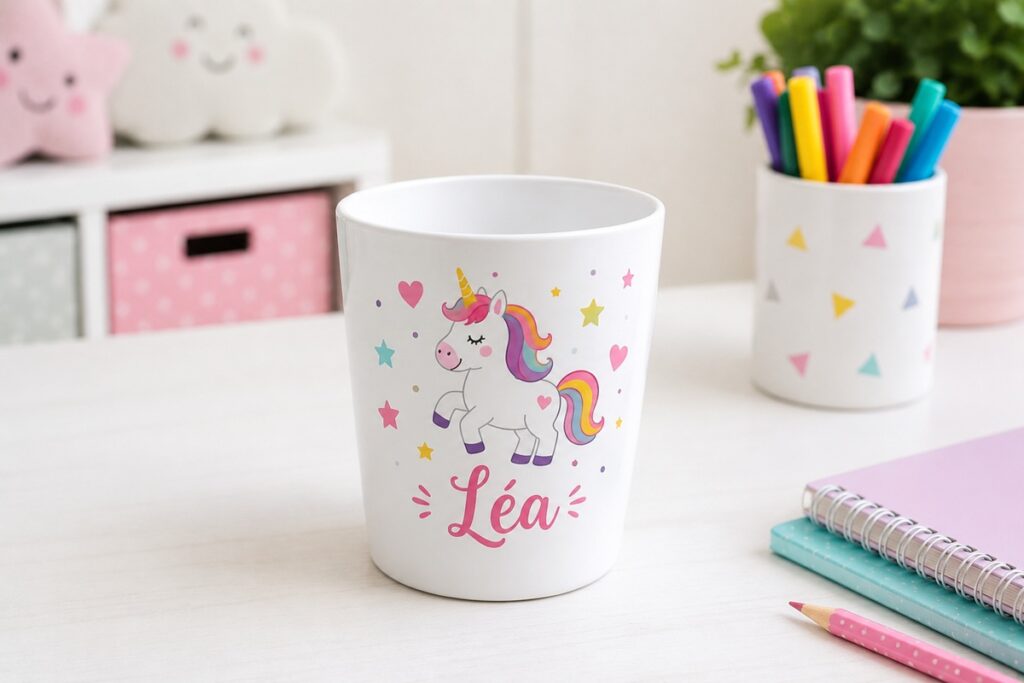 gobellet blanc personnalisé avec une licorne et le prénom Léa