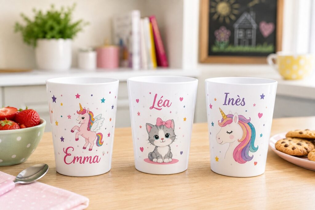 trois gobelets personnalisés pour des enfants