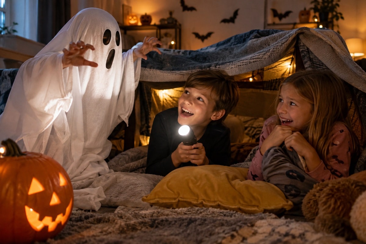 Des enfants s’amusent à se faire peur dans une ambiance d’Halloween