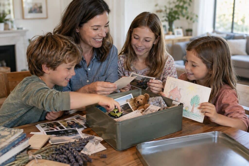 Une famille prépare joyeusement une capsule temporelle avec des photos, dessins, lettres et petits souvenirs