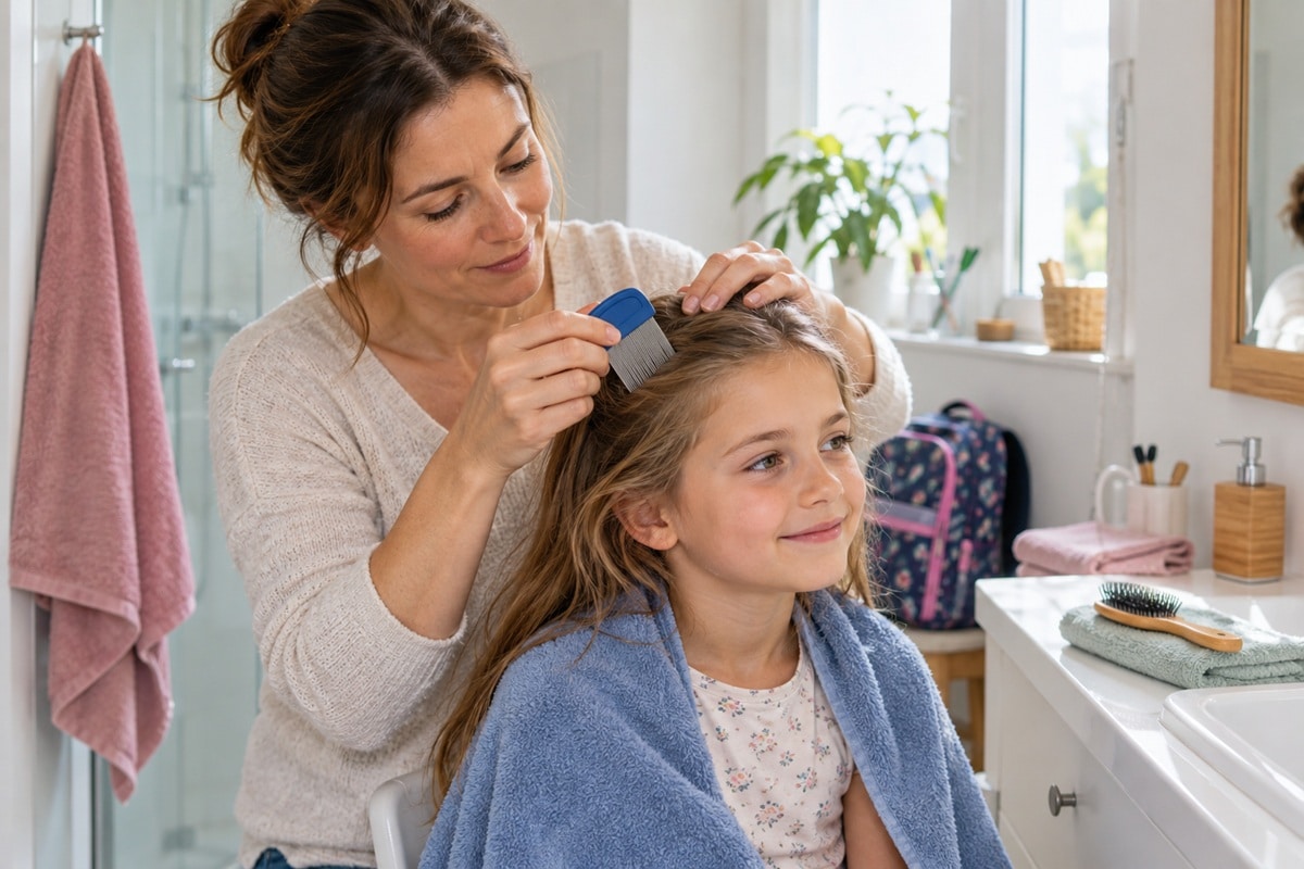 Une maman inspecte les cheveux de sa fille avec un peigne fin pour détecter et retirer les poux