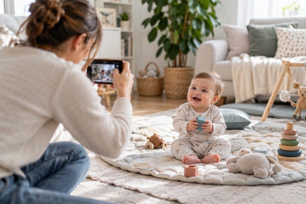 Une maman photographie son bébé souriant pendant un moment de jeu dans le salon