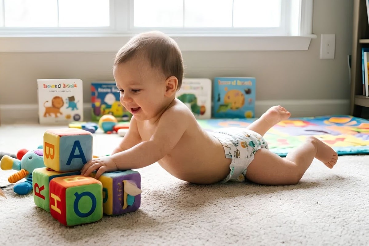 bébé jouant sur le sol et portant une couche Carryboo