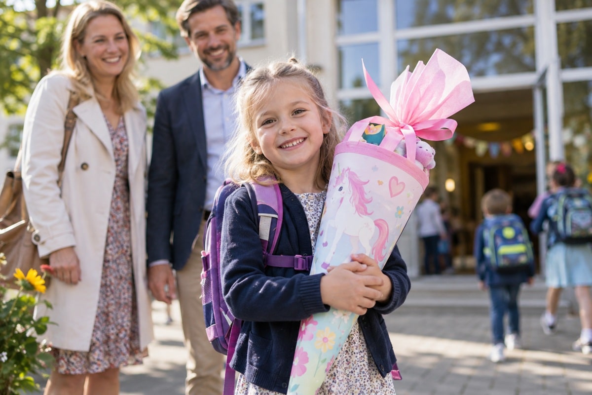 enfant avec une Schultüte devant l'école et ses parents