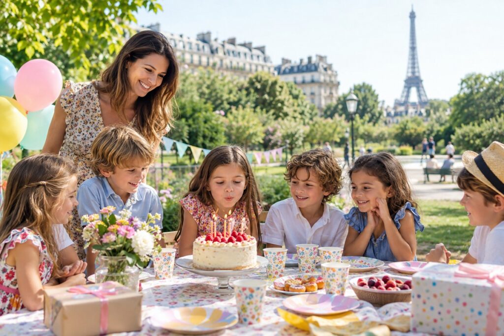 fête d’anniversaire enfant dans un parc parisien, avec la tour Eiffel en arrière-plan