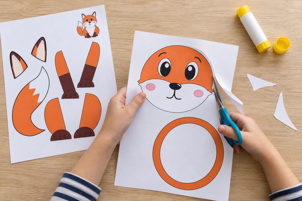 mains d'enfant qui découpent un renard