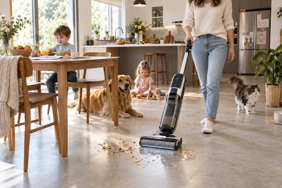 maman utilise aspirateur laveur avec enfants et animaux à côté