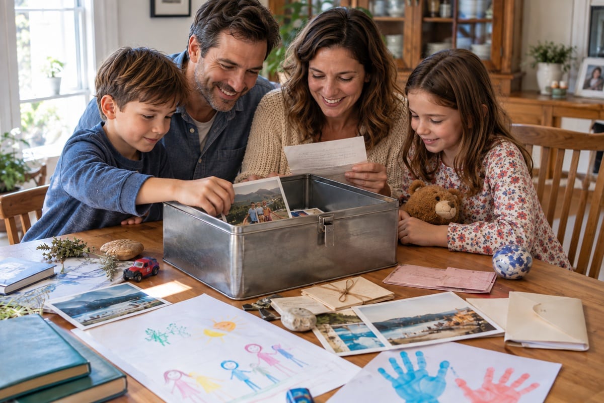 parents et enfants remplissent une capsule temporelle