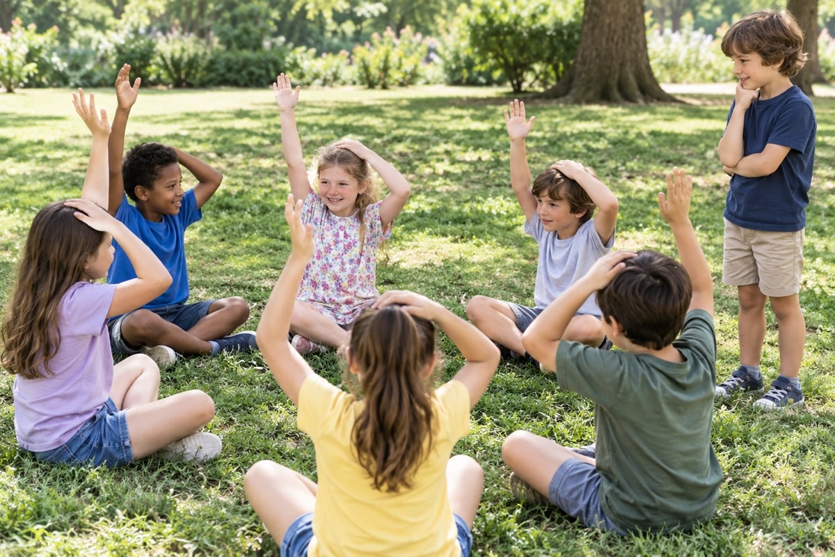 petit groupe d'enfants jouant au chef d'orchestre