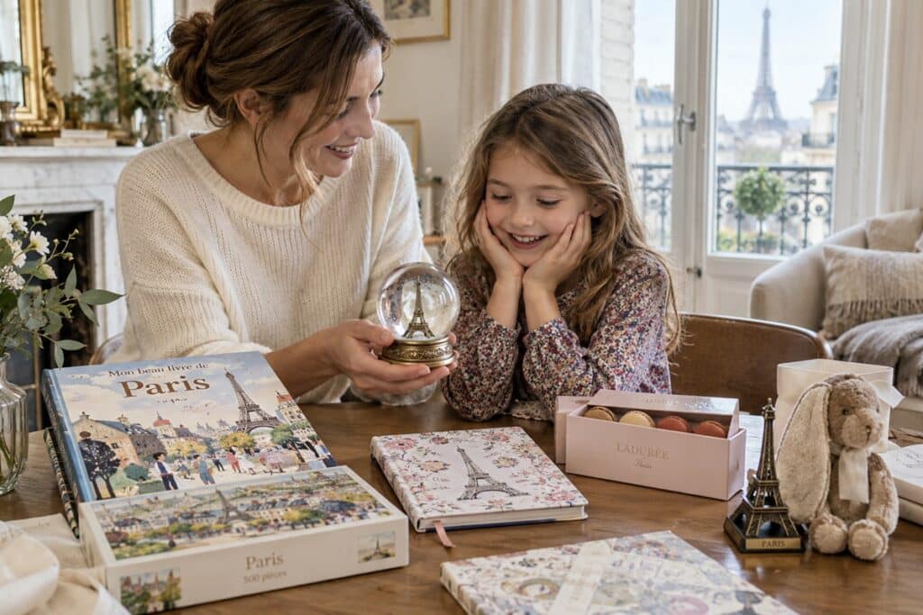 une maman offrant un cadeau de Paris à sa fille