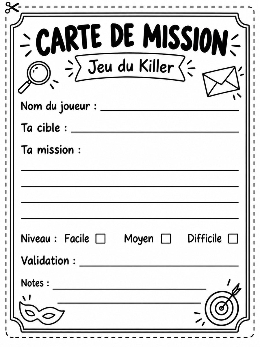 Carte imprimable du jeu du Killer 2 Carte imprimable du jeu du Killer