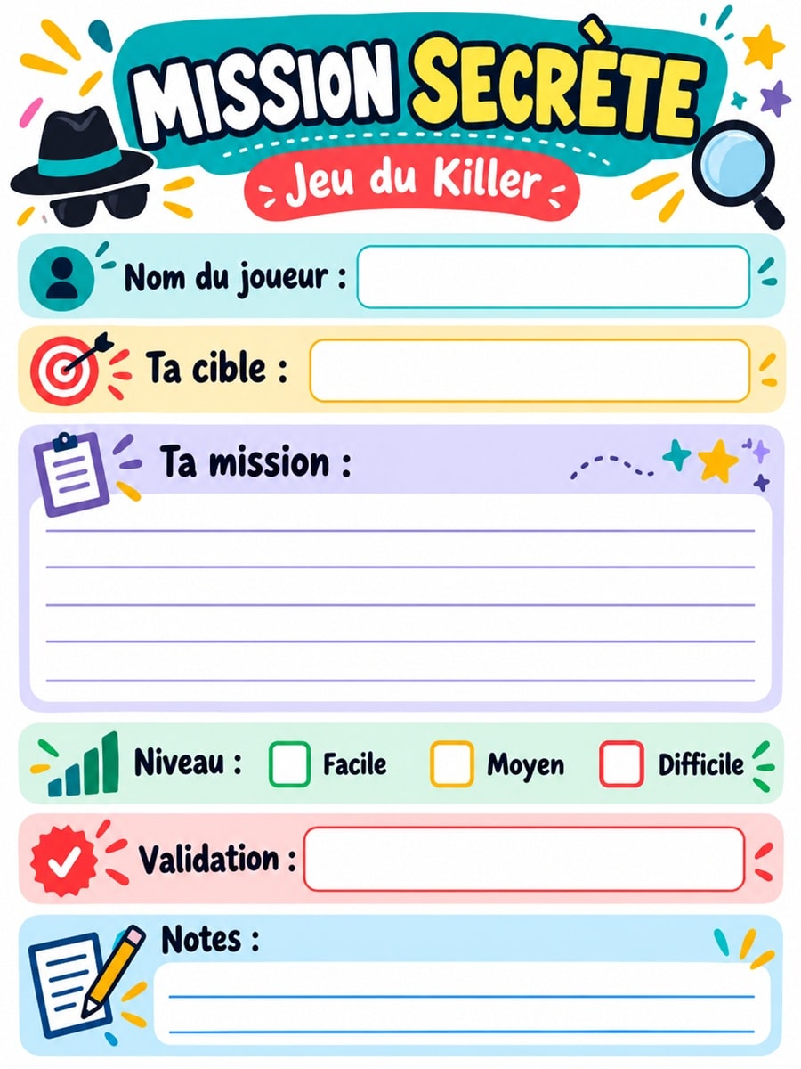 Carte imprimable du jeu du Killer 3 Carte imprimable du jeu du Killer