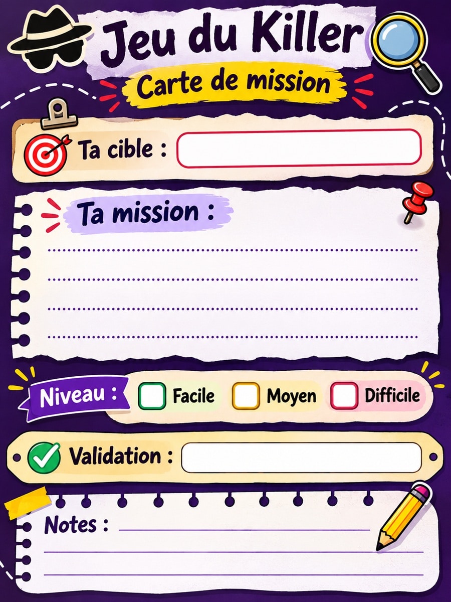 Carte imprimable du jeu du Killer 5 Carte imprimable du jeu du Killer