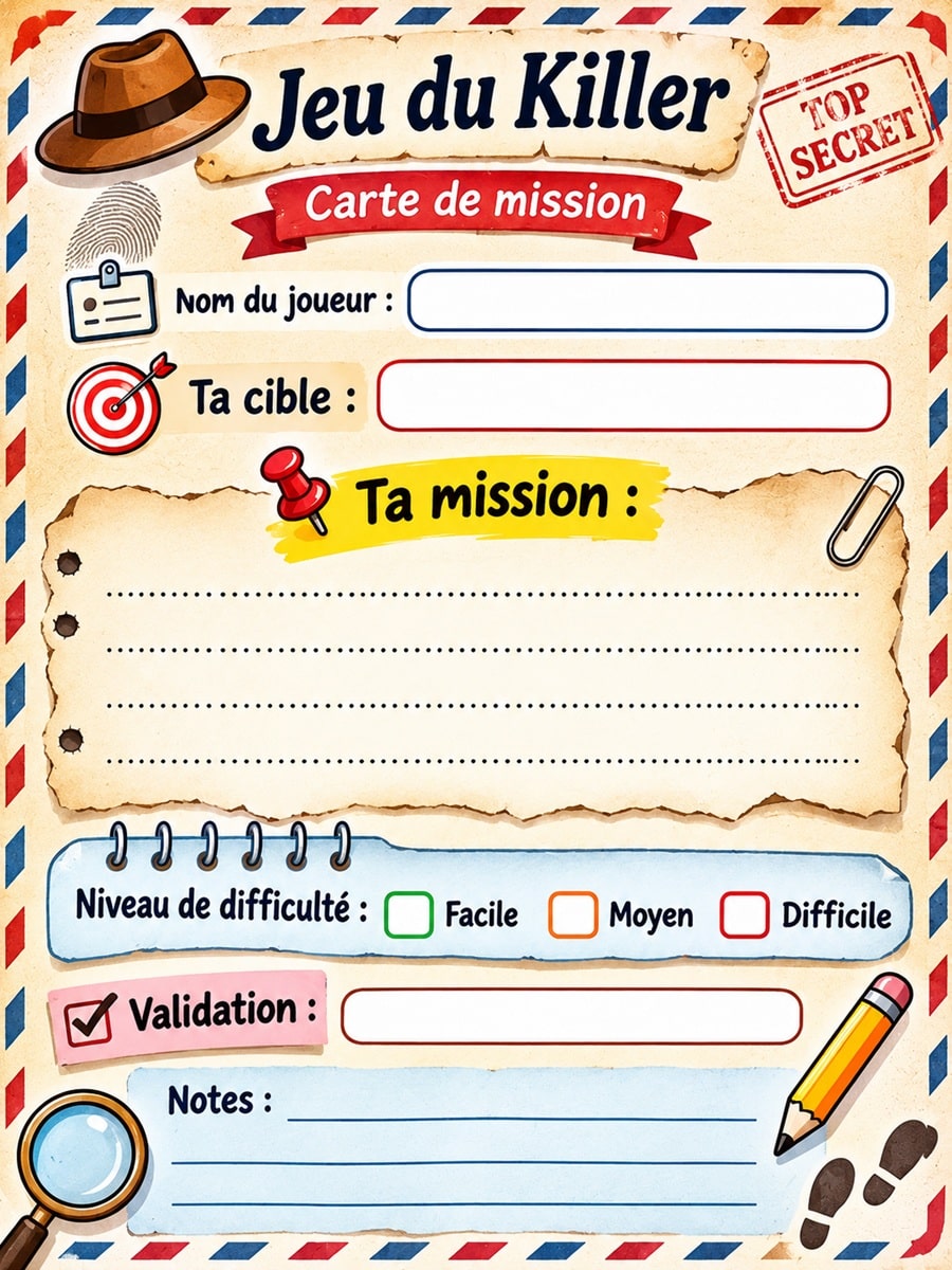 Carte imprimable du jeu du Killer 6 Carte imprimable du jeu du Killer