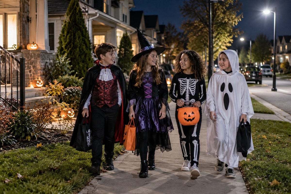 Un groupe d’enfants costumés part récolter des bonbons dans le quartier