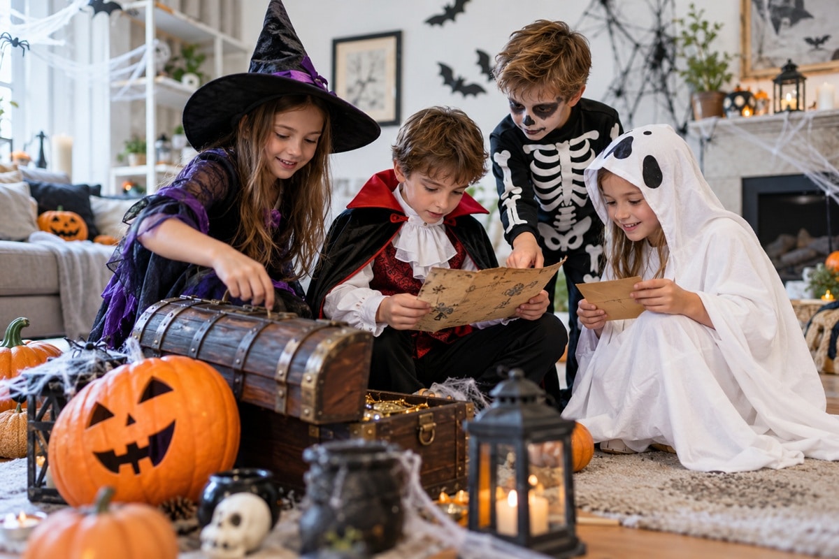 enfants qui participent à une chasse au trésor costumée pour Halloween