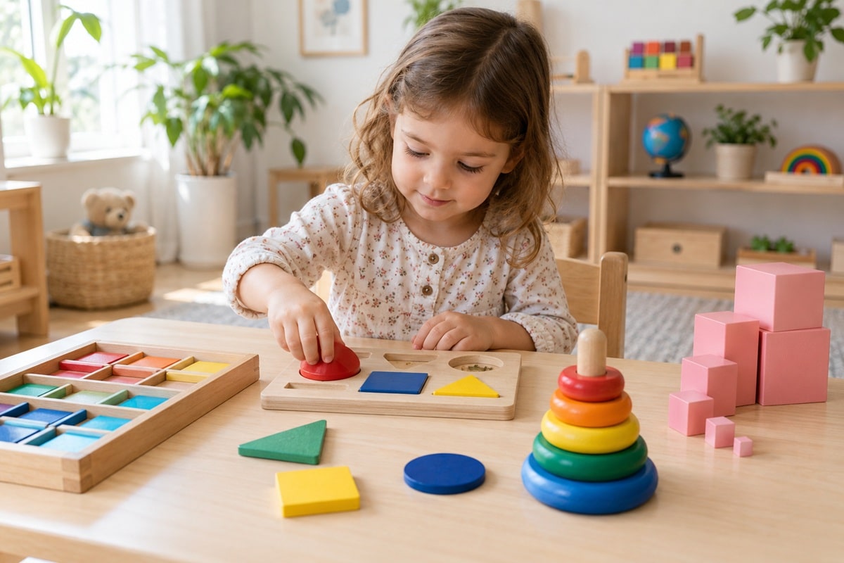 fillette joue avec jouet montessori sur couleurs et formes