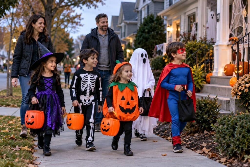 tournée des bonbons Halloween avec plusieurs enfants