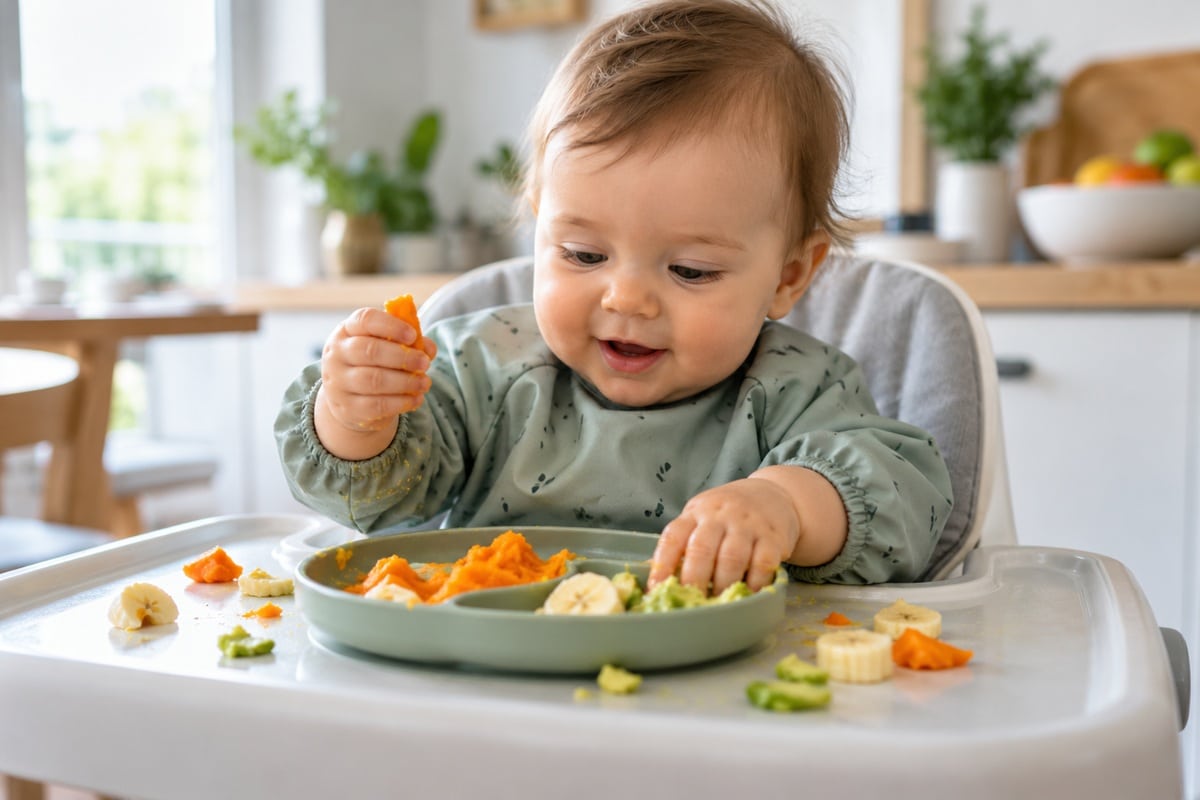 un bébé heureux joue avec sa nourriture
