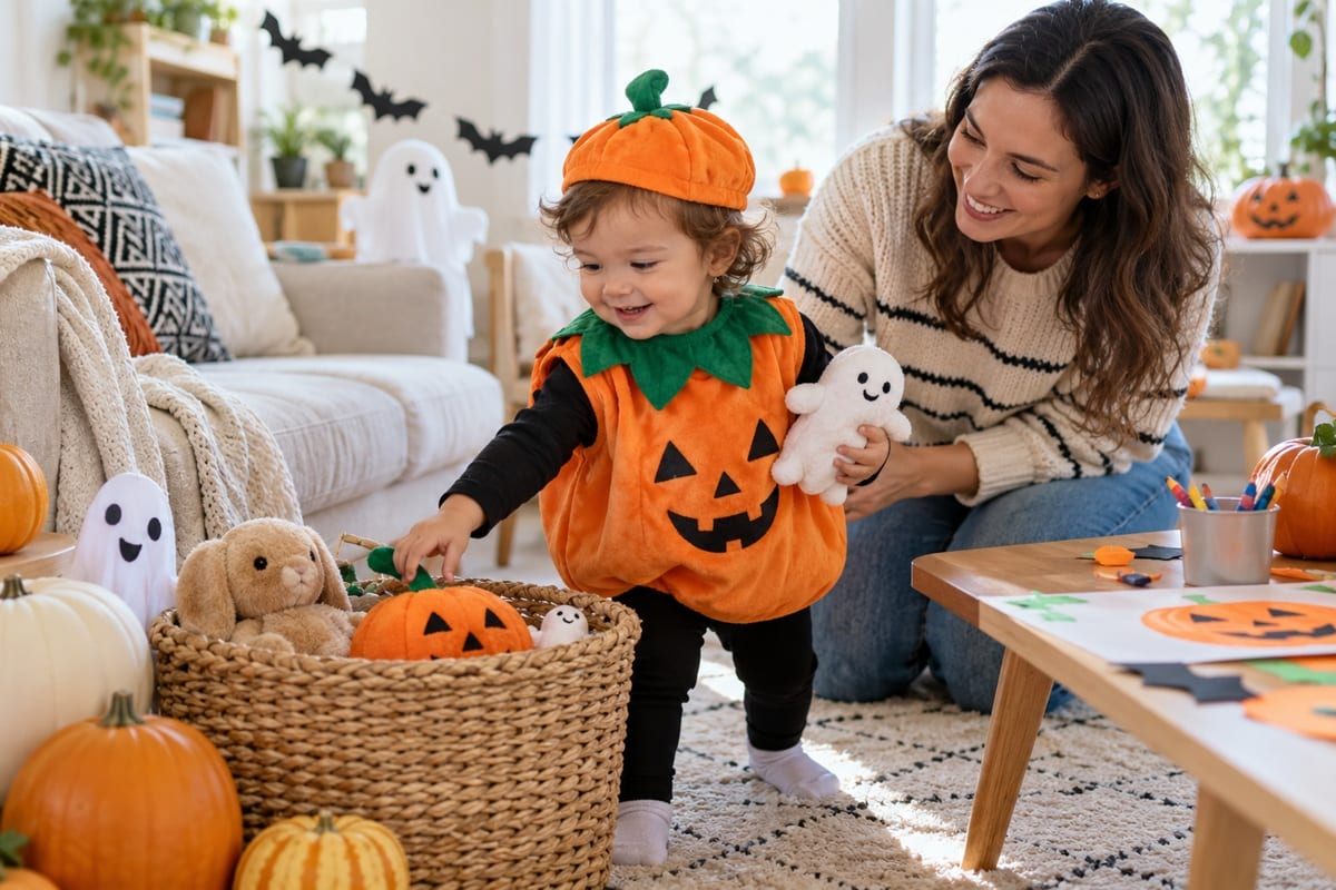 un tout petit déguisé en citrouille fête Halloween avec sa maman